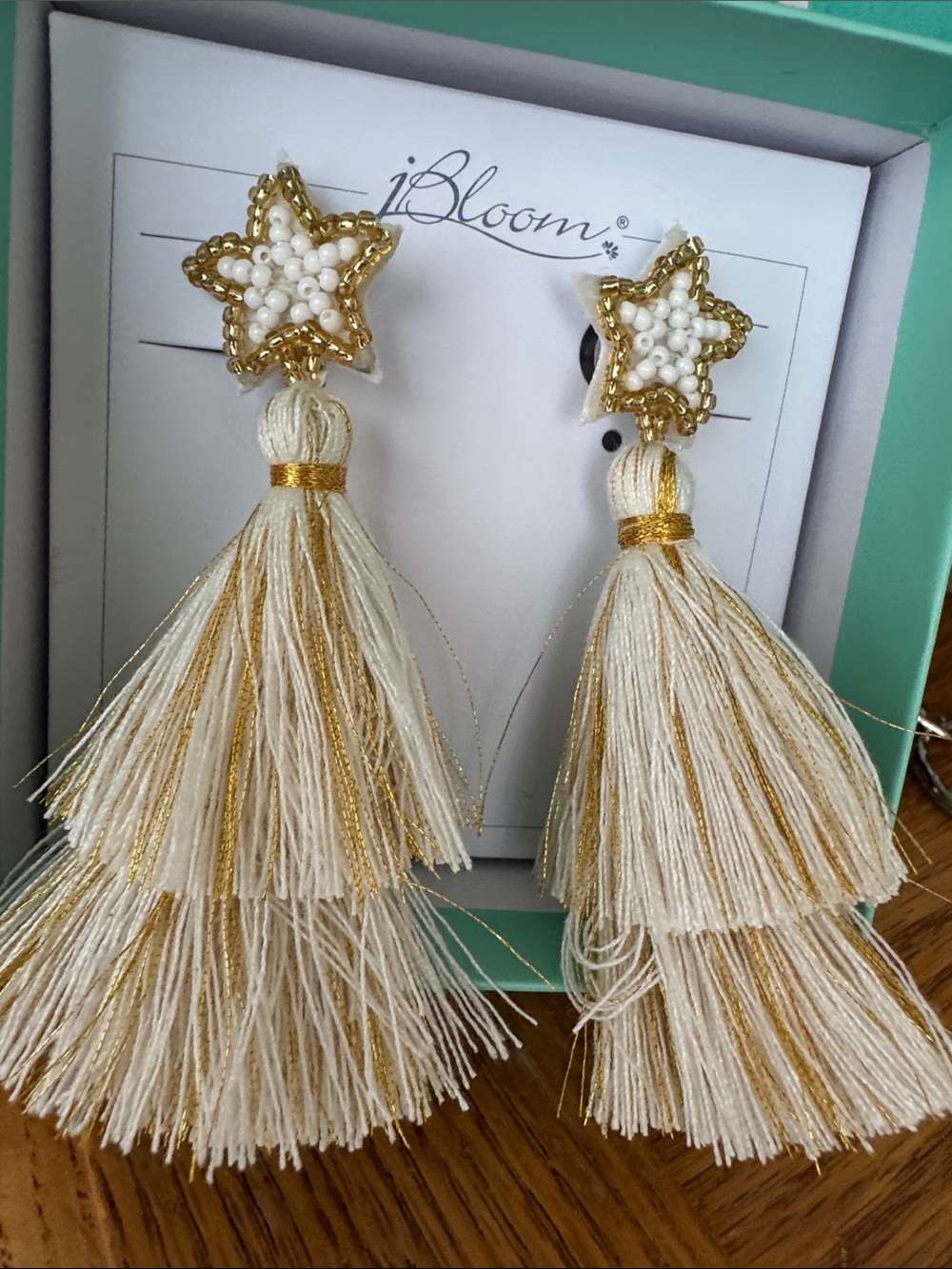 Bloom Elegant white and Gold Star Tassel Christmas Drop Dangle Earrings Jewelry